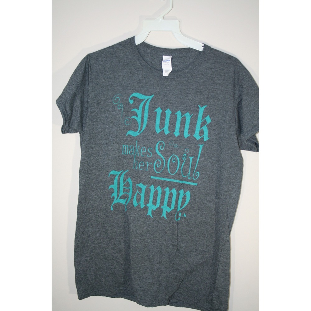 Gildan Softstyle Junk Makes Her Soul Happy Graphic Tee Gray Teal XL Womens